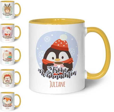 GRAVURZEILE Bedruckte Weihnachtstasse - Weihnachtstiere - Personalisiert mit Name - Frohe Weihnachten - Weihnachtsdeko - Geschenk für jungen und Mädchen zu Weihnachten - Rosa
