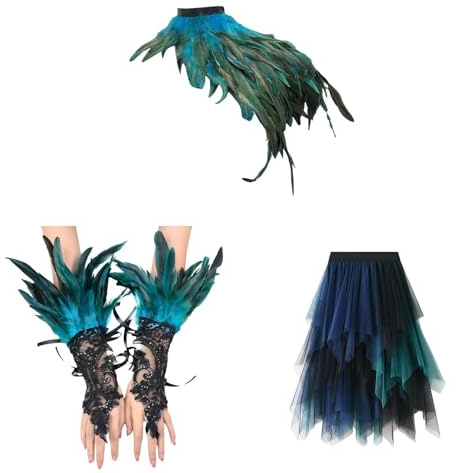 Pfau Kostüm Set, Pfau Kostüm Damen Karneval Blau Tüllrock mit Feder Cape, Faschingskostüme Damen, Blau Grün Pfau Tüllrock, Feder Cape, Federn Kostüm für Halloween Karneval Cosplay (Blau Grün-B)