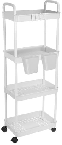 PATIKIL Carro De Utilidades Rodante De 4 Niveles con Mango Carro Organizador De Estantes De Almacenamiento Organizador De Almacenamiento Móvil con Cestas Colgantes Blanco
