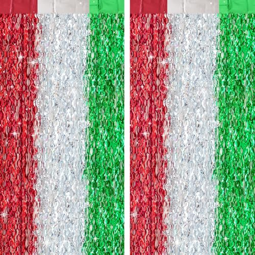 G2PLUS Wavy Christmas Foil Curtains: 2PCS Metallic Tinsel Curtains, 1m×2m Party Backdrop Streamers, Red Green Silver Party Decorations for Christmas, Holiday Backdrop, Photo Booth