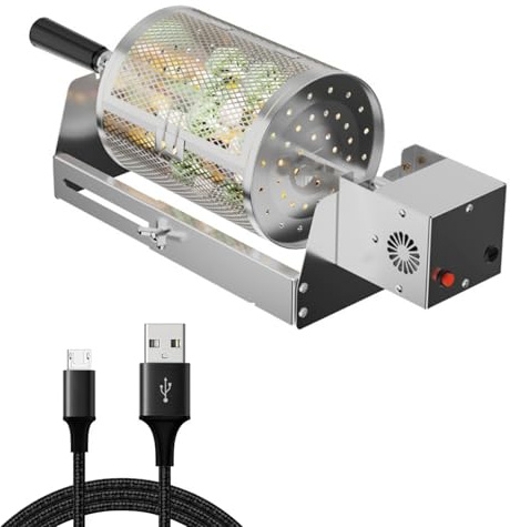 WPKD BLUEIY Cesta de parrilla rodante, red de parrilla de acero inoxidable, cesta giratoria automática para barbacoa (versión enchufable) para verduras, camarones, cocinar al aire libre y acampar (49