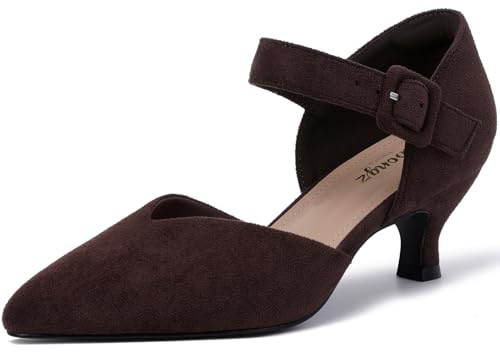 RIBONGZ Chocolate Brown Comfortable Kitten Heels Suede Prom Low Heels for Women Closed Pointed Toe Slip on Ankle Strap Buckle Pumps Church Wedding Bridal Party Dressy Shoes 8