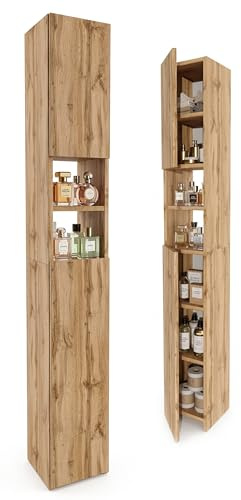 möbelkap Badezimmerschrank Eiche Wotan 24×31×172 cm – Badschrank Hochschrank schmal, modernes Badmöbel mit Türen & offenen Fächern, viel Stauraum für Handtücher und Kosmetik