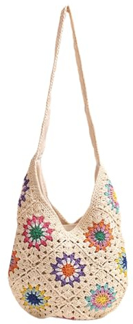 Bolso A Juego para Mujer De Hombro Tejido Bandolera Flores Coloridas Playa Ganchillo Bandolera Flores Coloridas Mano Playa Hombro Tejido