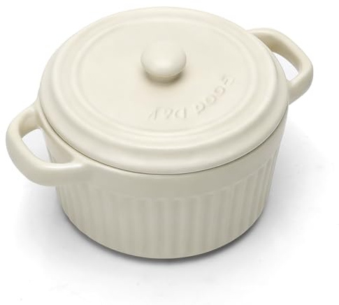 Mini Cocotte med lock, keramisk ugnsform med handtag och lock, runda ugnsformar med lock för lasagne, soufflé, Creme Brûlée, dessert, för mikrovågsugn och ugn (vit, S-1 st.)