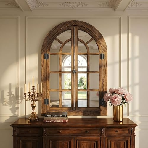 Fahomiss Windowpane Wall Mirror with Wooden Frame, Arched Window Design for Living Room & Entryway, Vintage Cottage Style