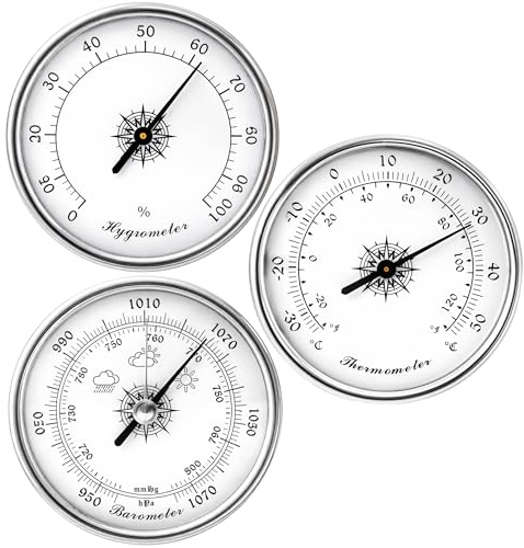 Analog Weather Station Barometer 3-in-1 Set, Silver Dial Type Traditional Barometers Hygrometer Thermometer, -30–50°C, Air Pressure Temperature Humidity Gauge 950 to 1070hPa, No Batteries Required