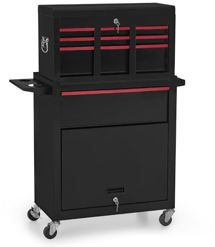 BarberPub 2 en 1 Carro de peluquería con 5 cajones, Armario y 6 Ganchos, Carro de Servicio con Ruedas con Cerradura, Carro de Trabajo de Metal para salón, 0097 (Negro-Rojo)