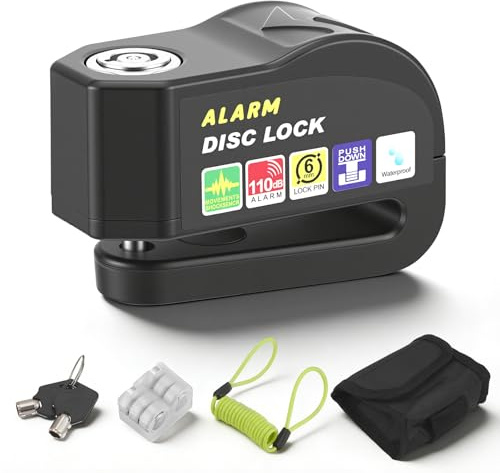 Candado de disco de freno con sistema de alarma de 110 dB y sensor de vibración, candado para bicicleta con alarma, sin llave y resistente al agua, incluye cable de seguridad de 1,5 m, 6 baterías