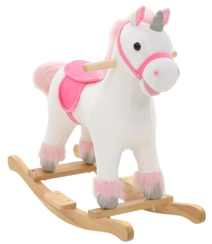 LoogCape Schaukeltier Einhorn Plüsch 65x32x58 cm Weiß Rosa Kinderwippe mit Holzsockel für Kleinkinder ab 24 Monaten, Indoor Outdoor Spielzeug, mit Griff, Lehne, Gurt, Musik, Geschenk