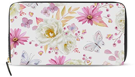 Rootti Damen-Portemonnaie mit Blumen-Rosen-Gänseblümchen-Muster, lang, PU-Leder, Reißverschluss, Münzgeld, Handy, Clutch, Tasche für mehrere Karten