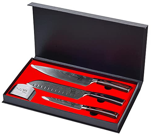 KOI ARTISAN Professional Knife Set - Stainless Steel Kitchen Knives with Ergonomic Pakka Wood Handle - Japanese Chef Knives Presented in Gift/Box