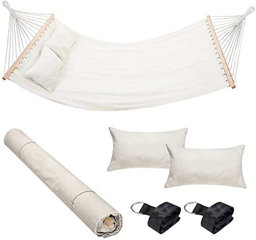 Bakaji Amaca da Giardino Doppia 2 Posti 232 x 148 cm Barre Trasversali in Legno Rivestimento in Poli Cotone con 2 Cuscini e Cinghie Design Moderno Per Giardino Terrazzo Campeggio (Beige)