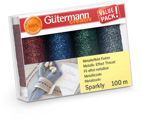 Gütermann creativ Nähfaden – Sparkly – Satz mit 4 Spulen x 100m – Glitzer-Nähgarn in Blau-, Grün- und Silbertönen – Für Nähen, Häkeln & Basteln