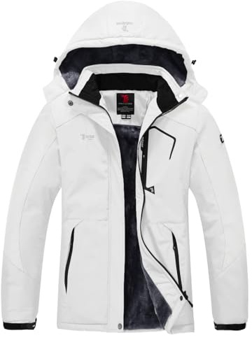 YSENTO Womens Waterproof Ski Jacket Winter Fleece Outdoor Mountain Jacket and Coat with Hood(White,L)