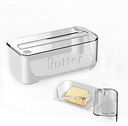 Butter Dish with Lid and Knife Ceramic Butter Holder for Counter Humanized Clamp-able Knife Handle Design (White)
