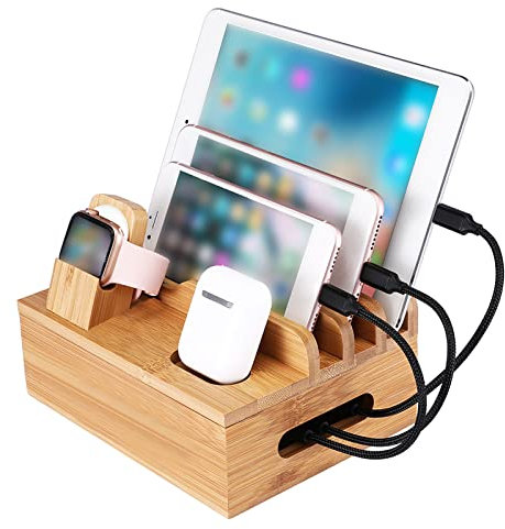 Tomotato Stazione di Ricarica USB Multipla, Elegante Docking Station in Legno per Telefono e Tablet, Organizer da Scrivania in bambù, Stazione di Ricarica per Uso Domestico e Ufficio
