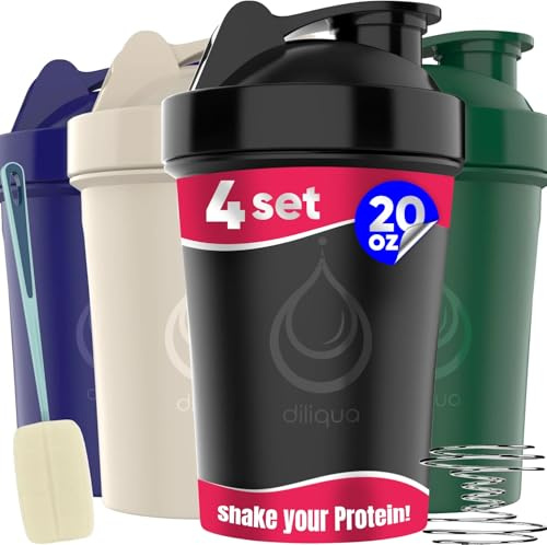 diliqua 4 PACK, 20 oz Shaker Bottles with Wire Whisks for Protein Mixes | Leakproof Blender Shaker Bottle Pack | BPA-Free & Dishwasher Safe | Shaker bottle | Shaker Cups for shakes Bottle Pack