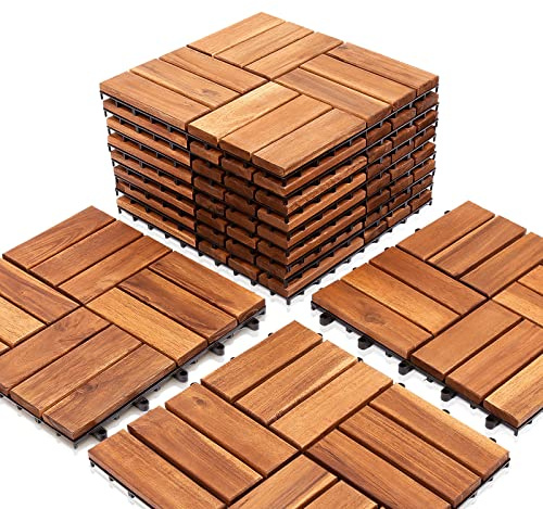 Ikodm Holzfliesen Akazienholz Terrassenfliesen, 11 Stück, 1 m² Balkonfliesen set, 30 x 30 cm Gartenfliesen für Garten Terrasse Balkon Patio, Leicht verlegbar, wetterfest, Braun
