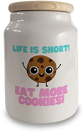speecheese Life is short! Eat more Cookies! Keksdose aus Keramik mit Holzdeckel