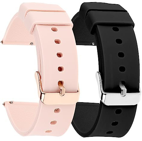 Molain 2 Pcs Silicone Rubber Watch Bands - Quick Release, Gold/Silver Stainless Steel Buckle, Waterproof Sporty Replacement Universal Men Women Watch Straps Bracelet Wristband(20mm, Black/Pink Band)