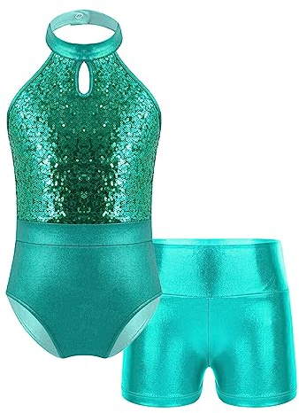 FEESHOW Enfant Fille Justaucorps Gymnastique Brillant Leotard à Paillettes Avec Short Legging Court Brillant Ensemble Tenue Patinage Ballet Dancewear Lac Vert 9-10 ans