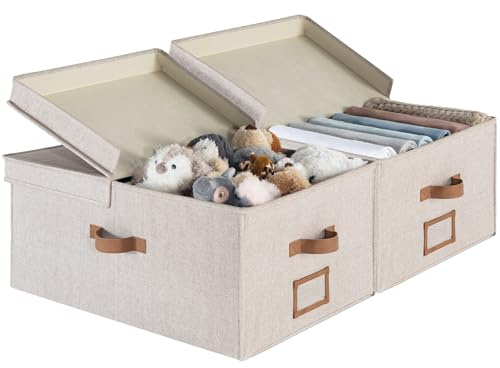 StorageWorks Extra Large Storage Bins with Lids, 55L Decorative Organizer with Divider Board, Fabric Boxes with Handles, Mixing of Brown & Beige, 2-Pack