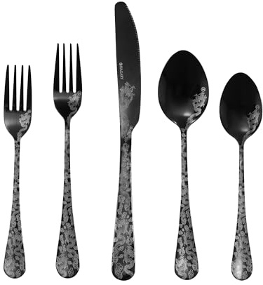 Hagary Dragon Cutlery Set 20 Pieces Stainless Steel Flatware Set Service for 4 Utensils For Home Kitchen Wedding Laser Engraved Dishwasher Safe Black