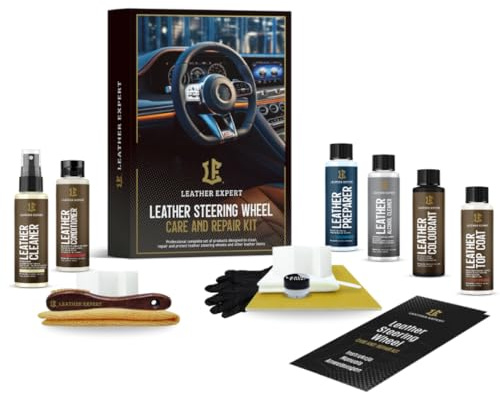 Leather Expert Kit de Cuidado y Reparación de Volante de Cuero Negro Restaura Volante de Cuero Dañado Asiento de Coche Sofá Chaqueta Refresca Color Mantiene Cuero