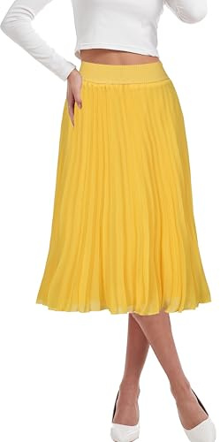 TEERFU Women's Casual High Waist A Line Pleated Midi Swing Skirt Stretch Waist Yellow