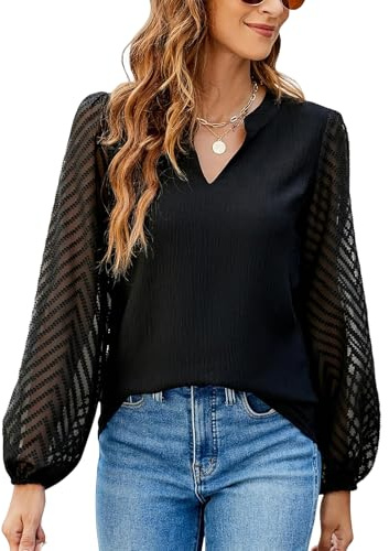Atxnn Blusas Damas Escote V Manga Larga Chifón Encaje Elegante Oficina