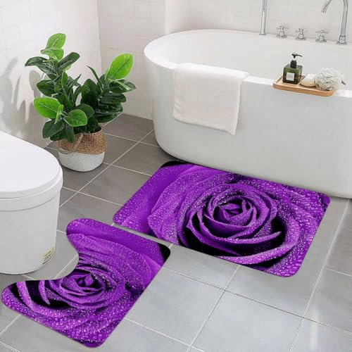 EYLOZS Badezimmerteppich Set 2 Teilig Waschbar rutschfeste Badematte Toilettenmatte Weich Saugfähige Badteppiche,wunderschönes lila Rosendetail mit Wassertropfen