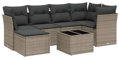 vidaXL Garten Sofagarnitur mit Kissen 7-TLG., Gartenmöbel Gartengarnitur, Sitzgruppe Sitzgarnitur, Lounge Sofa Garnitur Terrasse, Hellgrau Poly Rattan