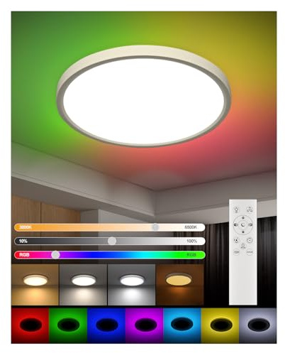 DetarZinLED Plafonnier LED Extra Plat 30cm avec Télécommande, 24W 2700LM Dimmable CCT Lampe Plafond Ronde, RGB Changement de Couleur Lustre Chambre Enfant Veilleuse, IP44 Étanche Salle de Bain