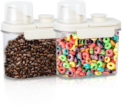 Boîte Rangement Cuisine, Boîte Hermétique Alimentaires en Plastique avec Couvercle, Provision Conservation Placard Organisation Bocaux pour Céréales Pâtes Farine (Lot de 2 x 1.6L - Blanc Crème)