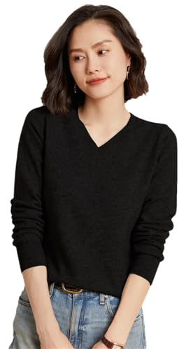 Maglione a maniche lunghe da donna con scollo a V in 100% cachemire maglione lavorato a maglia tinta unita, Nero , M