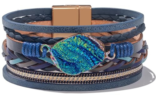 FANCY SHINY Braided Leather Bangle Bracelets Boho Resin Stone Wrap Bracelets Stackable Cuff Bracelets with Magnetic Clasp for Women(Navy Blue)