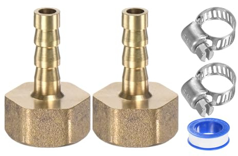 M METERXITY 2-Pack Brass Hose Barb Fittings, 6mm x G3/8 Female Adapter Hose Connector with Stainless Steel Hose Clamp & PTFE Tape, Barbed Air Hose Repair Fitting Adapter Kit