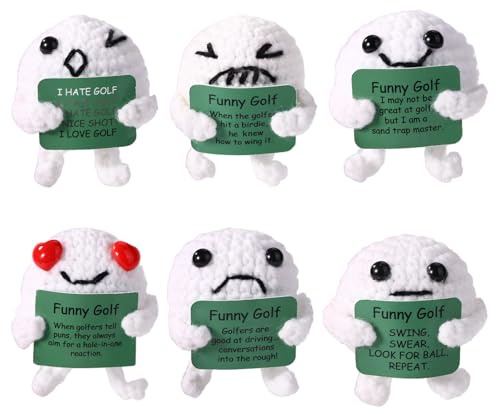 TOYMIS 6 Stück Positiver Gehäkelter Golfball, Lustige Gestrickte Golfpuppe aus Baumwolle mit Verschiedenen Ausdrücken Süße Positive Gestrickte Mini-Puppe für Männer Frauen Golfer Kollegen Freunde
