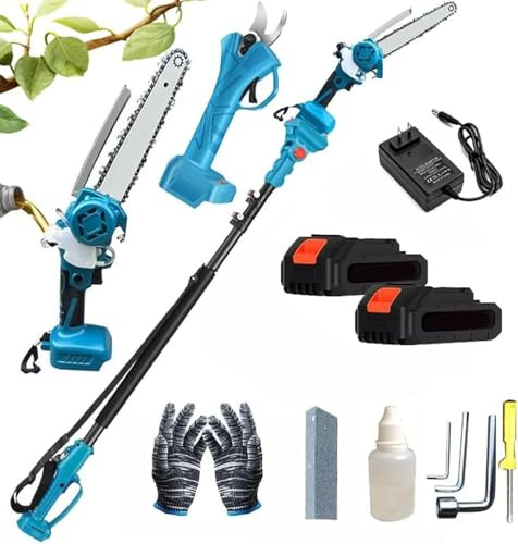 Motosierra eléctrica 4 en 1 sin escobillas, mini motosierra inalámbrica de 8 pulgadas con pértiga de extensión de 1,25-2,2 pulgadas, 2 baterías de 1,3 Ah, cortadora de ramas, podadora de árboles