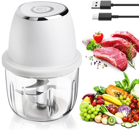 Mini Picadora Electrica de Alimentos, 350ml Picadora Manual con Cuerda de 6 Hojas de Acero Inox, Picador de Verduras Carga USB para Jengibre Verduras etc