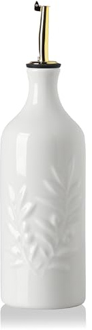 Sweejar Ceramic Olive Oil Dispenser Bottle 20 Oz Relief Opaque Oil Cruet Protects To Reduce Oxidation Suitable for Storage Vinegar, Soy Sauce, Coffee Syrup, Liquids, Set of 1 (White Gold Spout)