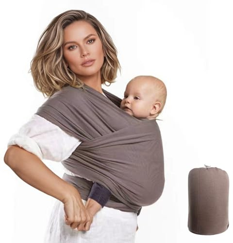 Tragetuch Baby Neugeboren, Babytrage Neugeborene ab Geburt aus Weichem Stoff, Baby Tragetuch Neugeborene Ergonomisch und Atmungsaktiv, Elastische Freihand Tragehilfe, Einfach zu bindende, 5 m, Kamel