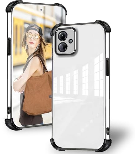 DESSEN Funda para Motorola Moto G14 con Protector Lente Camara & Esquinas Reforzadas Antigolpes Carcasa Silicona Transparente Móvil Case Suave TPU Antiamarilleo, Negro
