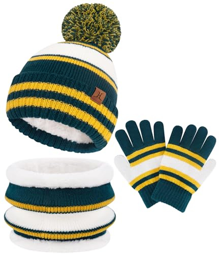 Bequemer Laden Bambino Invernali Termici Cappello Sciarpa ad Anello Guanti, Caldi Beanie Berretto con Pon Pon Scaldacollo in Maglia per 2-7 Anni Bambini Bambina, Regalo