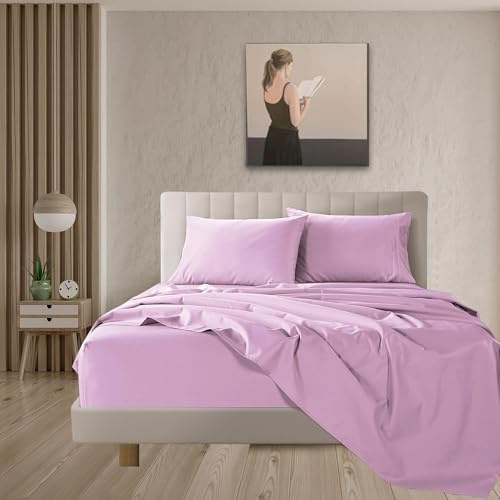 Juego de Sábanas de 4 Piezas de Cama 160 x 200,Poliéster Cepillado y Prelavado,Sábana Bajera Ajustable,Sábana encimera,Dos Funda para Almohada de 50x75cm,Suave y Retención de Calor Lila