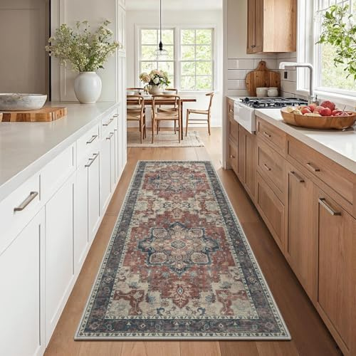 GENIMO Vintage Läufer Teppich Rot, Waschbar für Flur, 80x200 cm