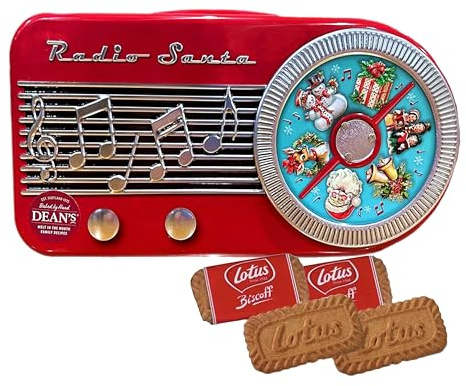 eBoutik - Festive Musical Christmas Biscuit Tin with Biscoff Biscuits - Xmas Festive Sound Playing Box Music Playing Radio