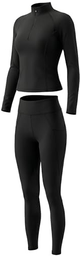 FitsT4 Sports Womens Equestrian Outfits, 2 Piece Horse Riding Set, Long Sleeve Riding Shirt & Knee-Patch Silicone Breeches Black M