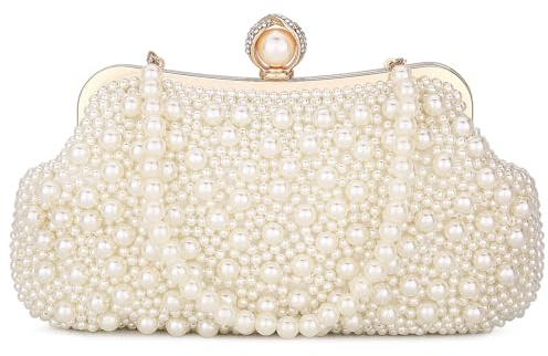 BAIGIO pärlor damer clutch beige aftonväska brudväska elegant handväska lyx clutch för flickor axelväskor liten väska för bröllop födelsedag afterparty mjuk, pärlor vita, Einheitsgröße